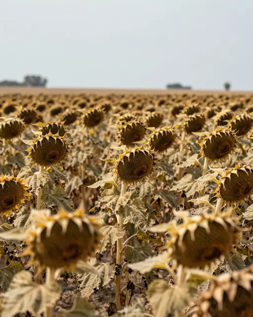 Dried bowed sunflower heads fill a field under a pale hazy autumn sky