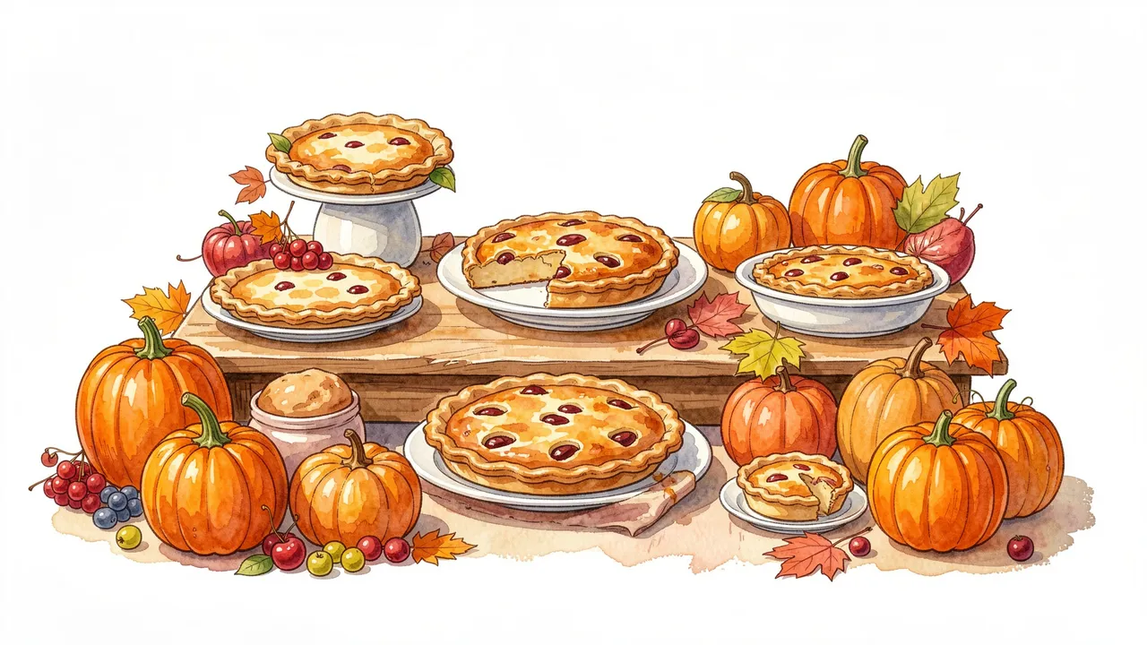 Watercolor illustration of a wooden harvest table topped with fruit pies, small pumpkins, and scattered fall leaves.