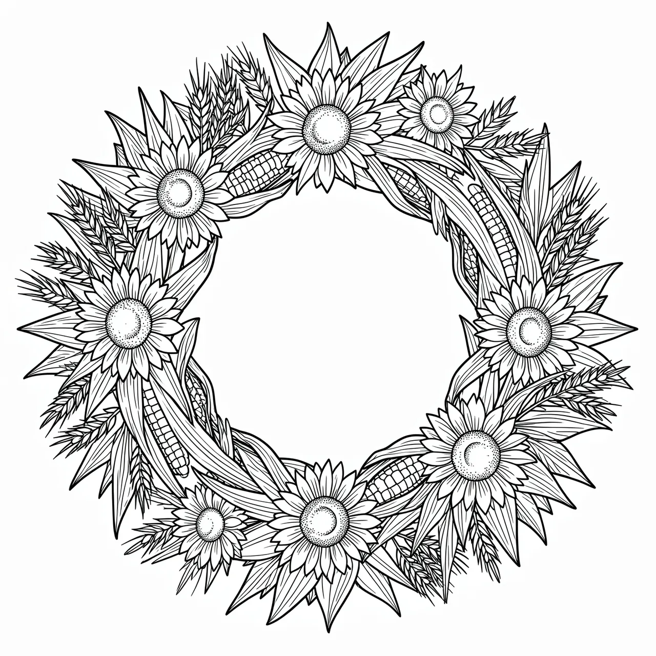 Black and white line art circular harvest wreath with sunflowers, corn cobs and wheat stalks on a plain white background