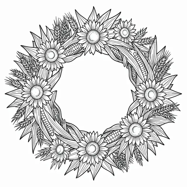 Black and white line art circular harvest wreath with sunflowers, corn cobs and wheat stalks on a plain white background