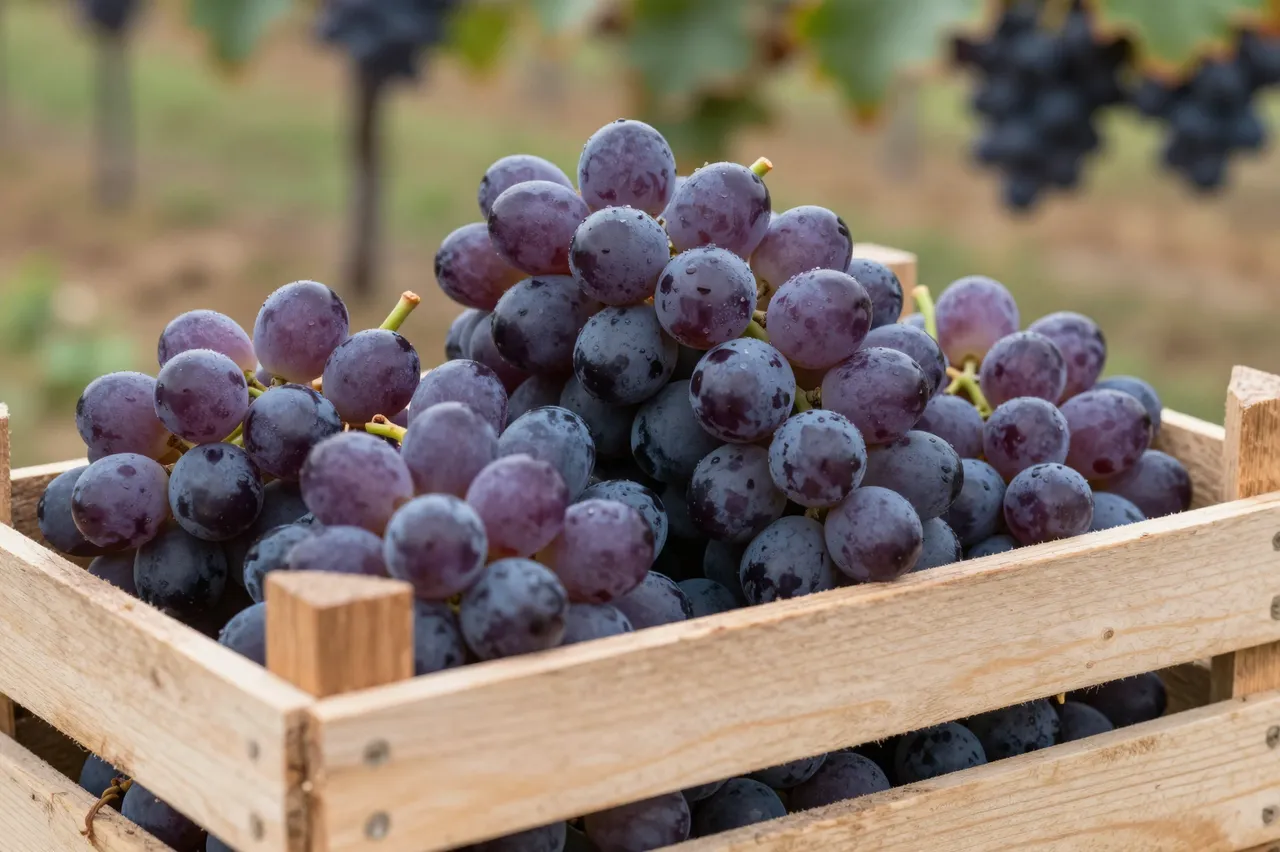 Ripe purple harvested grapes fill a wooden crate with a blurred vineyard background.