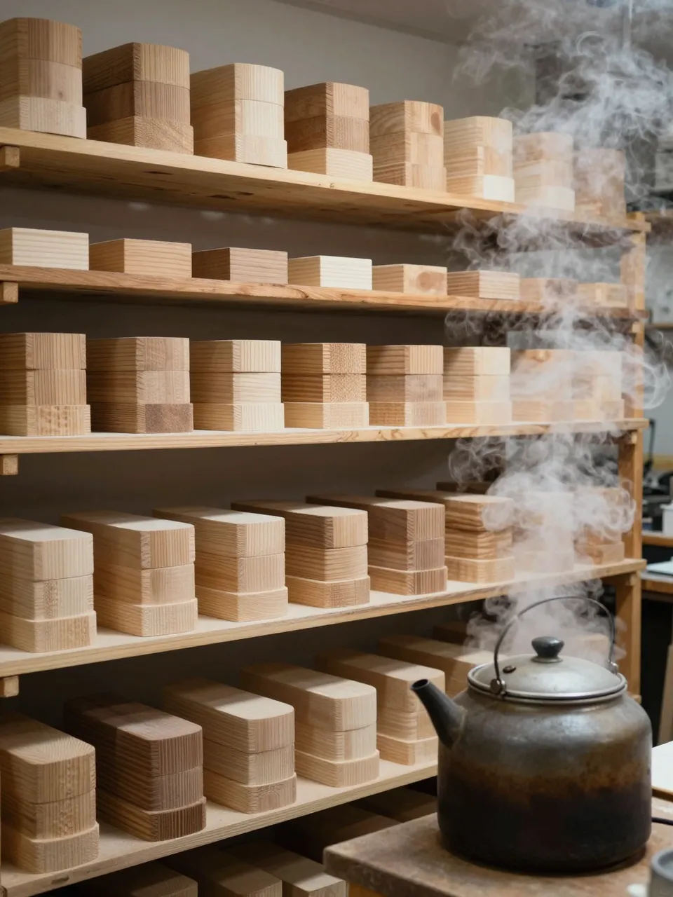 Wooden hat blocks line workshop shelves beside a steaming metal kettle on a workbench