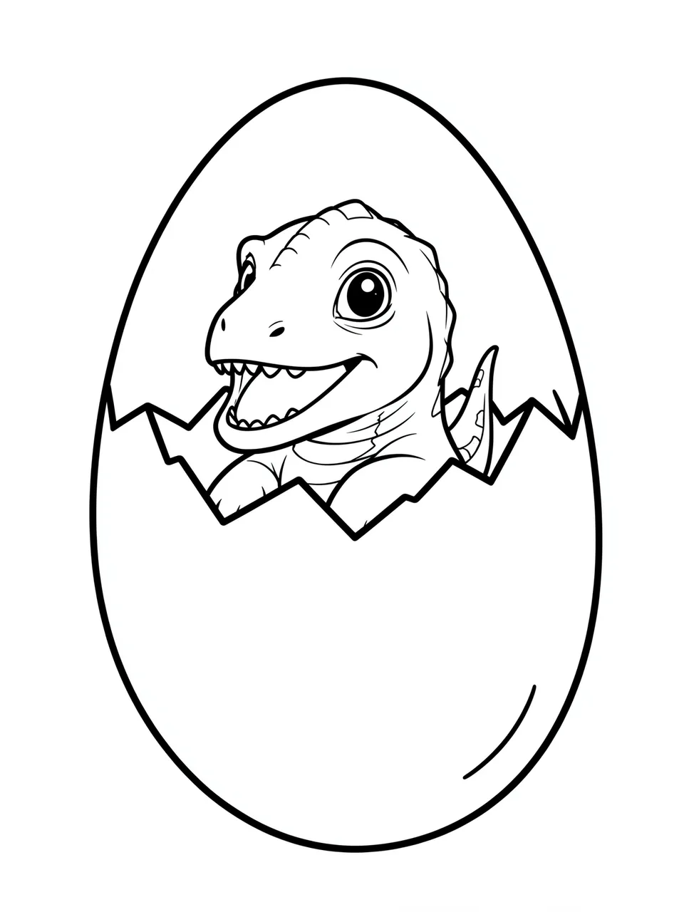 Black and white line art of a baby dinosaur poking out from a cracked eggshell on a plain white background
