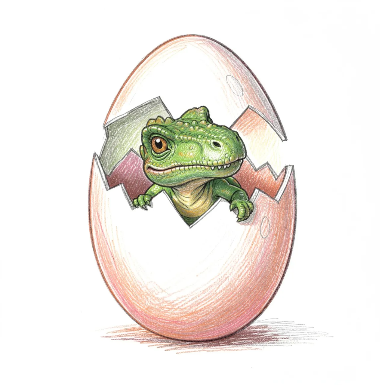 A small green baby dinosaur peeks out from a cracked pastel eggshell on a plain white background