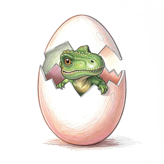 A small green baby dinosaur peeks out from a cracked pastel eggshell on a plain white background