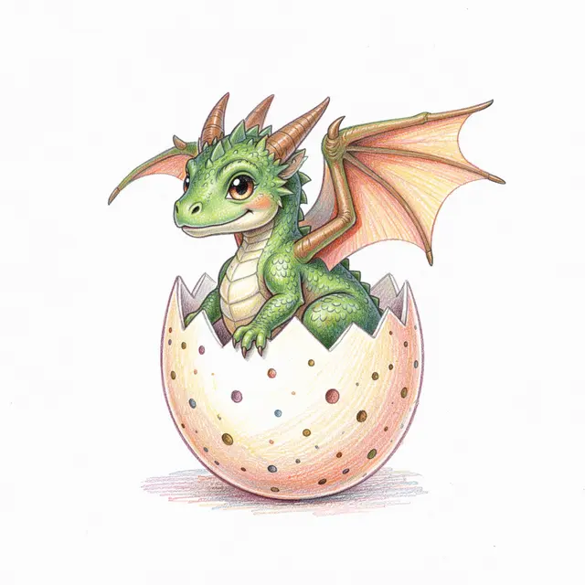 A cute green baby dragon sits inside a cracked speckled egg shell, rendered as a colored pencil drawing on white paper.