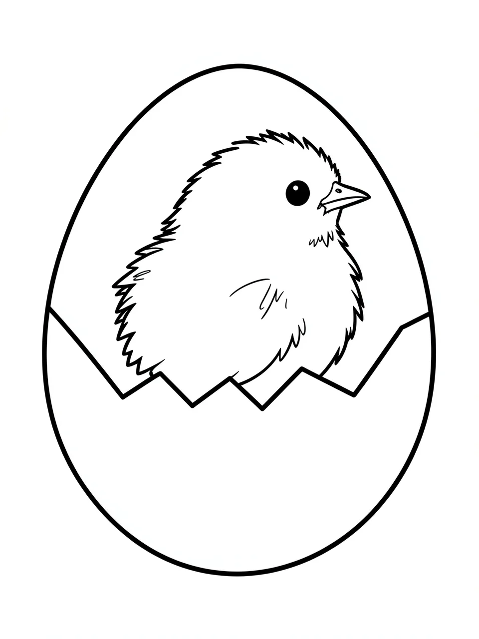 Bold black and white line art of a fluffy chick emerging from a cracked eggshell on a plain white background