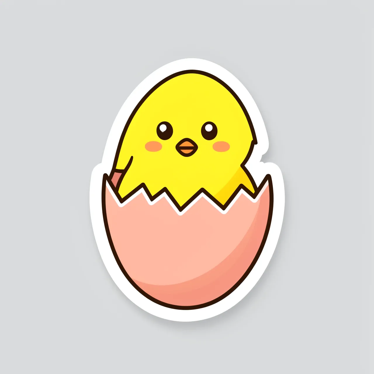 Cute cartoon yellow chick sitting inside a cracked pastel egg shown as a die-cut sticker with a white border on a light gray