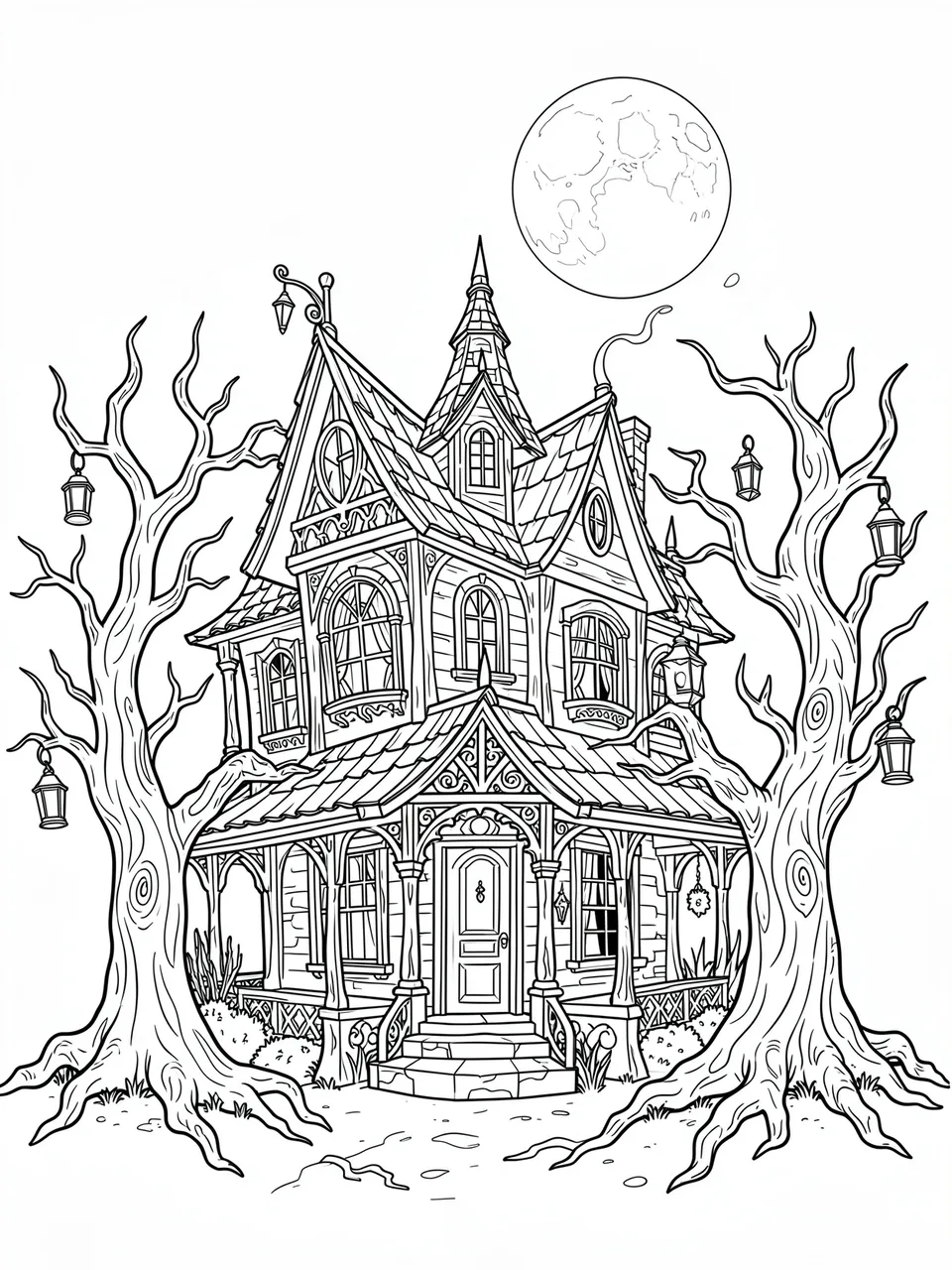 Black and white line art of an intricate haunted house with twisted bare trees, lanterns, and a full moon above on a white