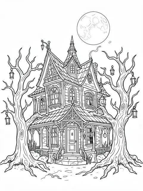 Black and white line art of an intricate haunted house with twisted bare trees, lanterns, and a full moon above on a white