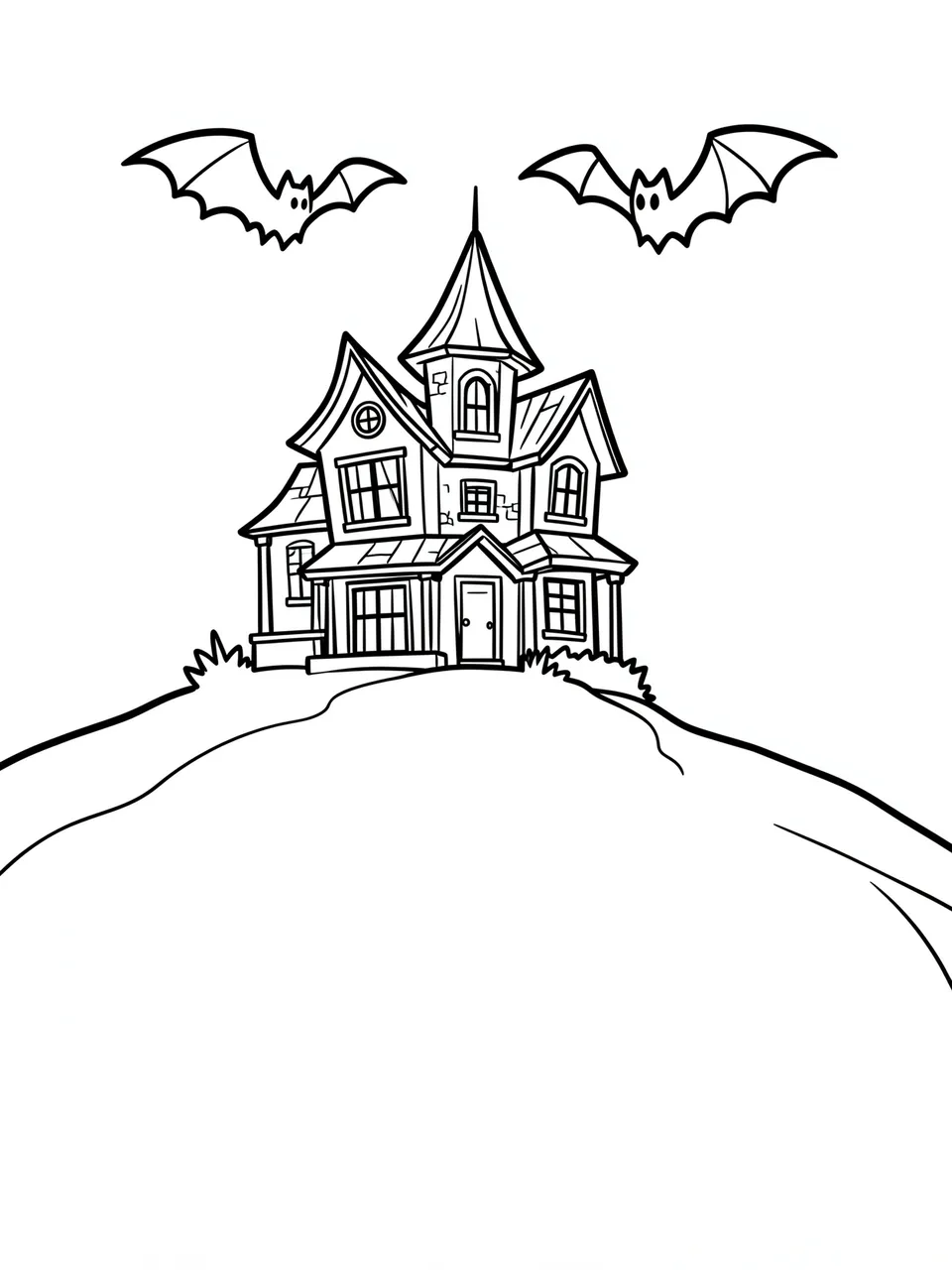 Black and white bold line art of a haunted house on a hill with two bats flying overhead