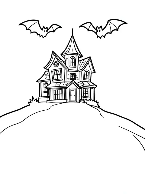 Black and white bold line art of a haunted house on a hill with two bats flying overhead