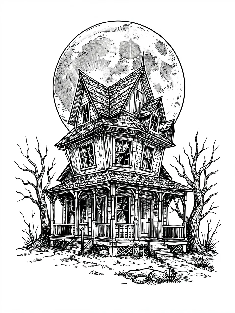 Pen and ink sketch of a crooked haunted house flanked by dead trees under a large full moon on white paper