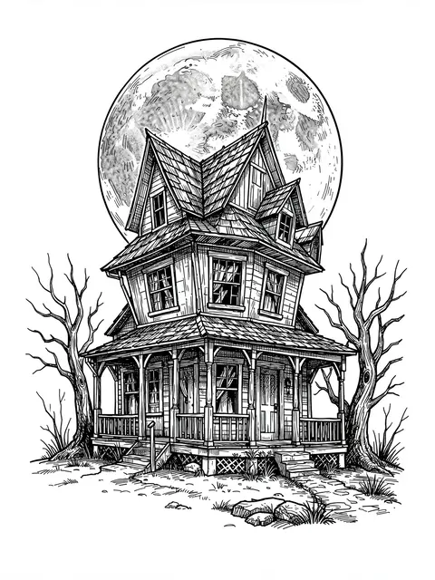 Pen and ink sketch of a crooked haunted house flanked by dead trees under a large full moon on white paper