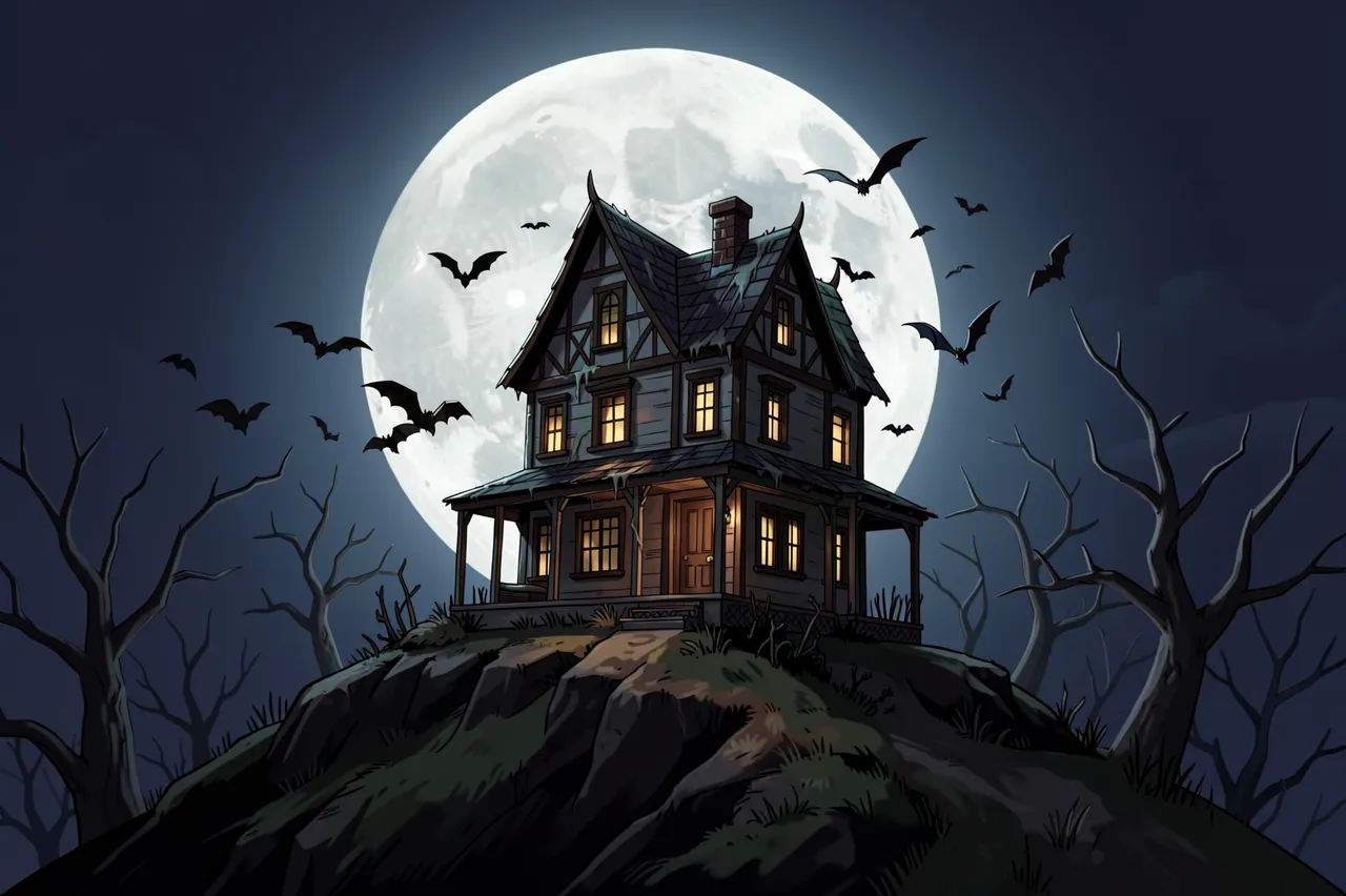 A spooky haunted house sits atop a hill silhouetted against a giant full moon with flying bats under a dark night sky