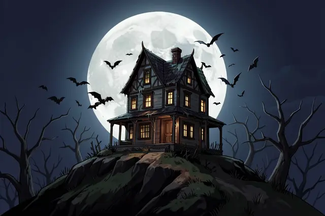 A spooky haunted house sits atop a hill silhouetted against a giant full moon with flying bats under a dark night sky