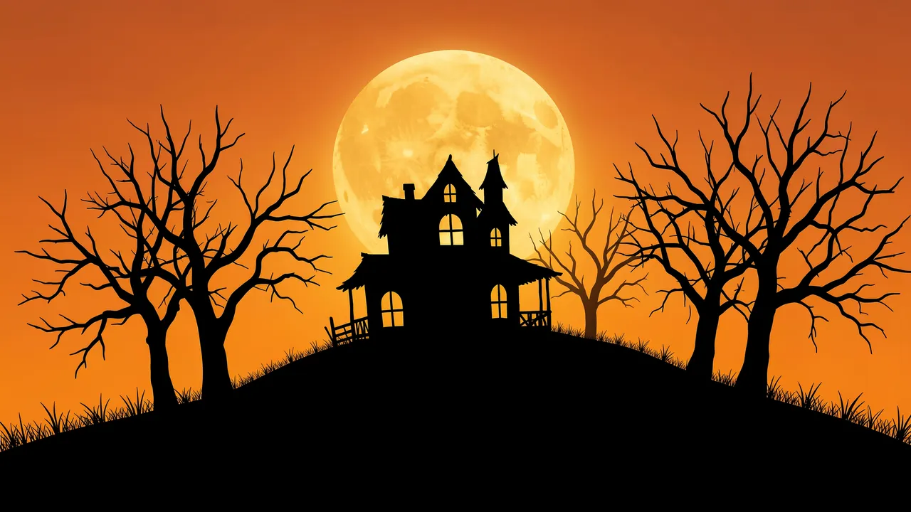 Black silhouette of a haunted house and bare trees on a hill against an orange sky with a large full moon