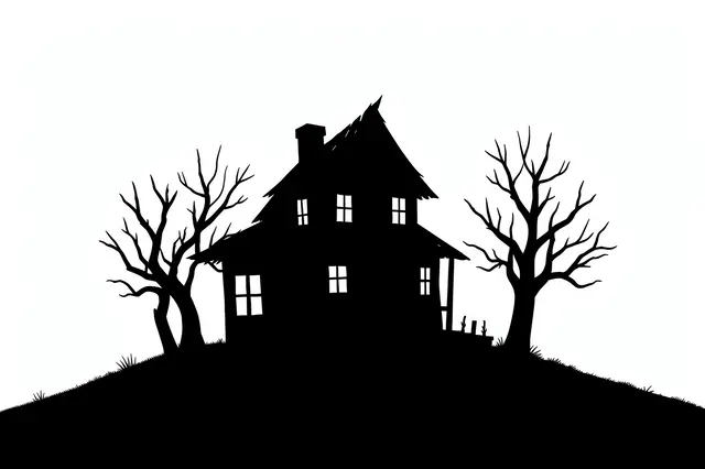 Solid black silhouette of a crooked haunted house with bare trees on a hill against a plain white background