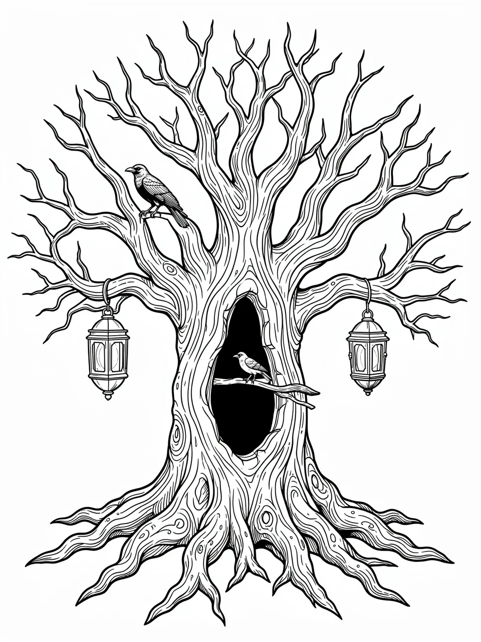 Black and white line art of an intricate gnarled haunted tree with a hollow, perched birds, and hanging lanterns