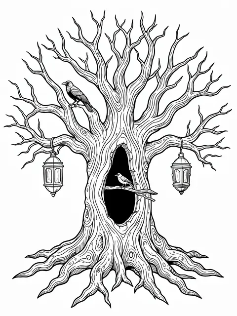 Black and white line art of an intricate gnarled haunted tree with a hollow, perched birds, and hanging lanterns