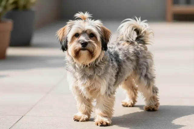 Silky coated havanese dog stands facing the camera on a bright sunlit tiled terrace