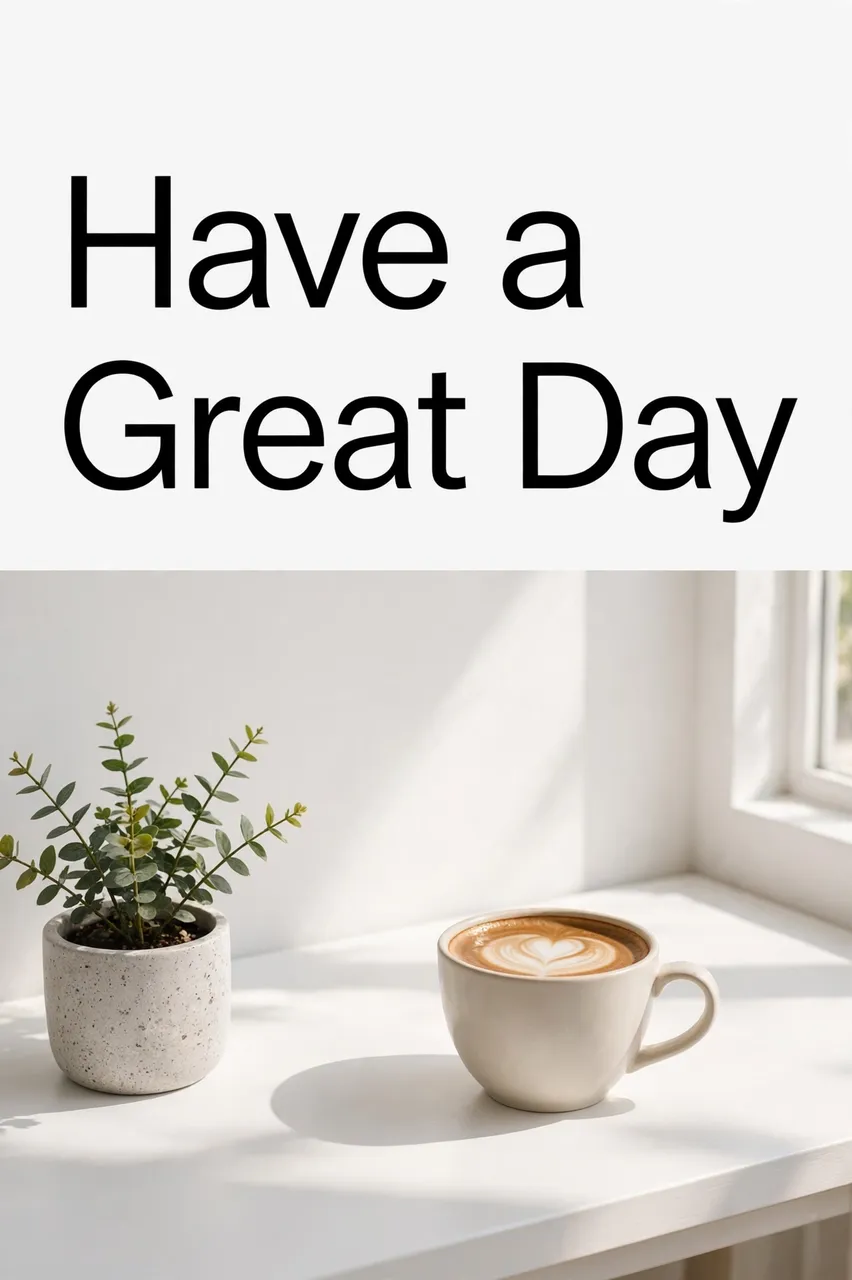 "Have a Great Day" text above a latte cup and small potted plant on a bright sunlit white desk