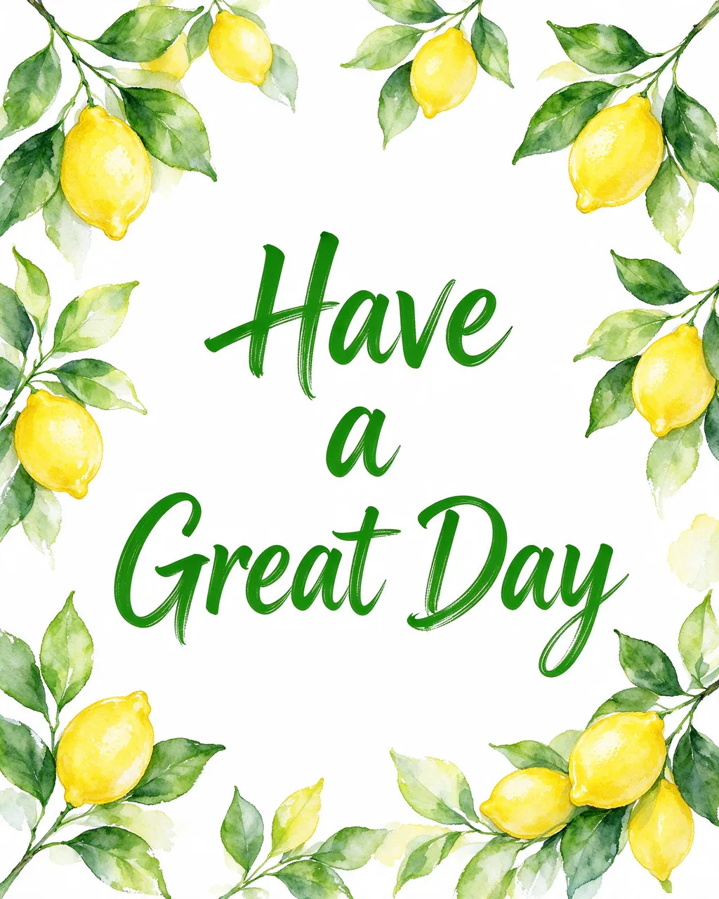 "Have a Great Day" in bold green brush lettering framed by loose watercolor lemon and leaf sprigs on a white background