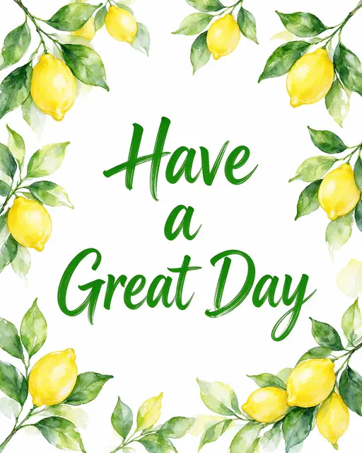 "Have a Great Day" in bold green brush lettering framed by loose watercolor lemon and leaf sprigs on a white background
