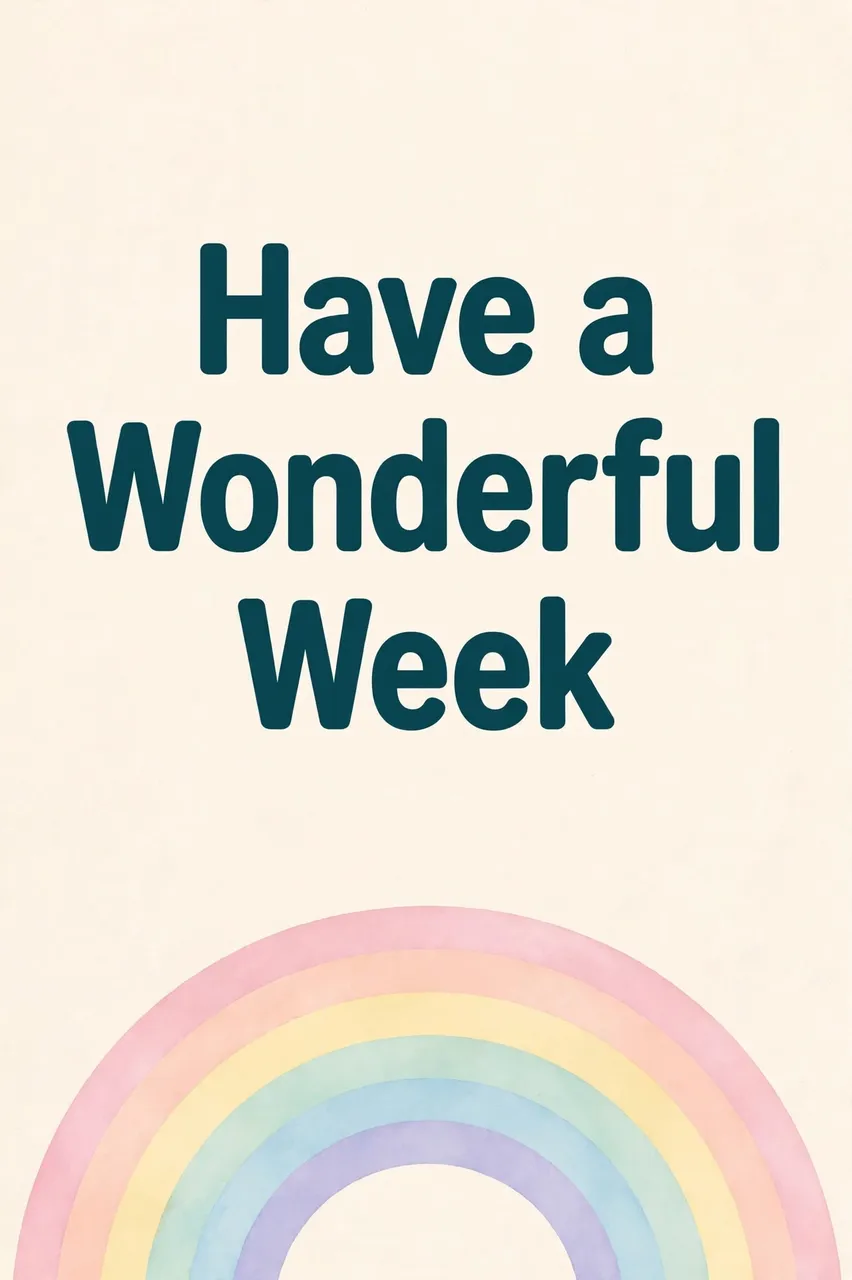 "Have a Wonderful Week" in bold dark teal rounded type above a soft pastel rainbow on a cream background