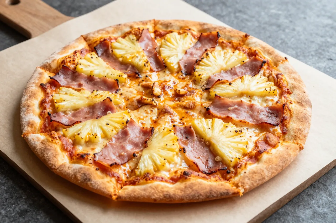 Fresh baked Hawaiian pizza with ham and pineapple rests on parchment lined wooden serving board over a dark stone countertop.