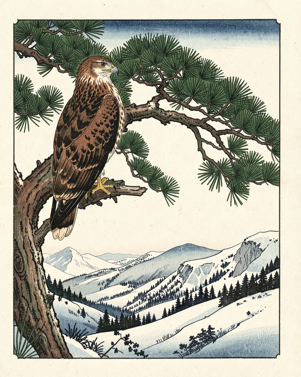 Japanese woodblock print of a hawk perched on a pine branch overlooking a snowy mountain valley