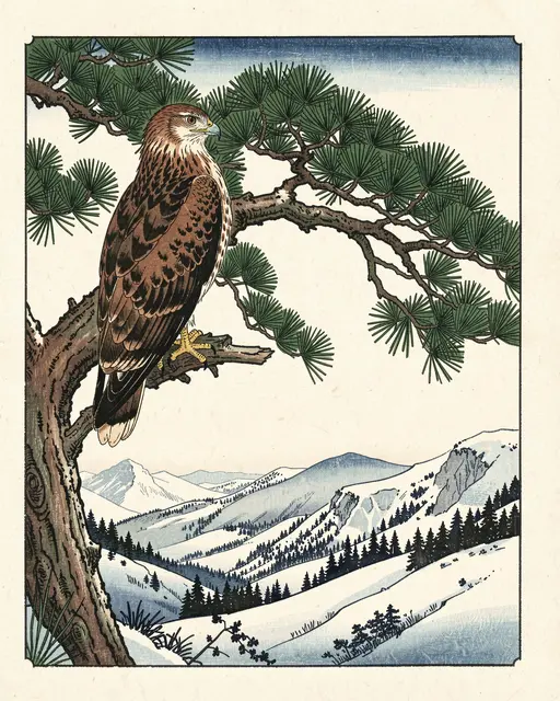 Japanese woodblock print of a hawk perched on a pine branch overlooking a snowy mountain valley
