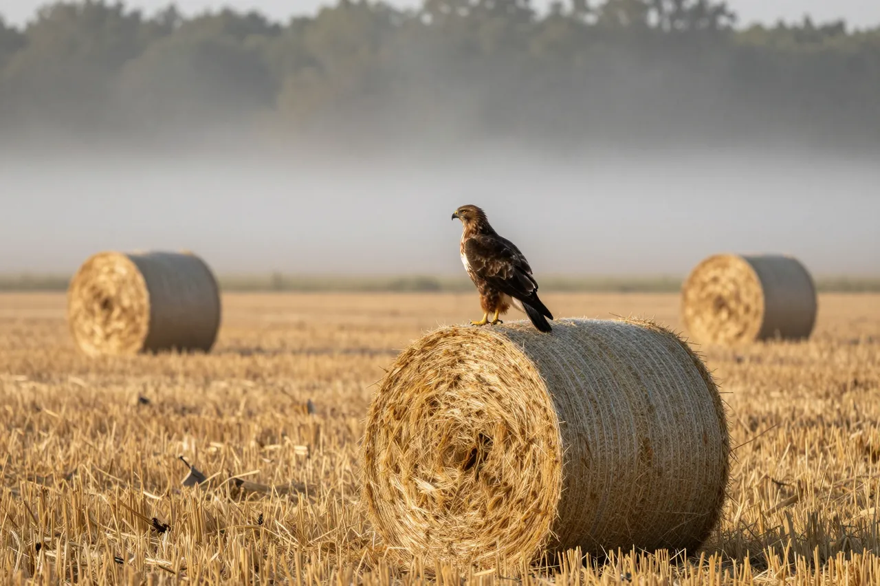 A hawk perches on a round hay bale in a misty harvested field at dawn