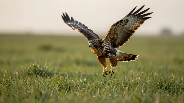 A hawk with wings spread and talons extended flies low above a green meadow in soft evening light