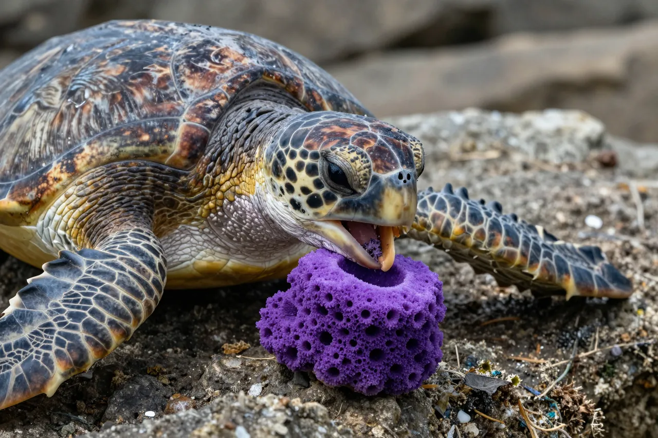 Close-up of a hawksbill sea turtle biting a purple marine sponge on rocky ground