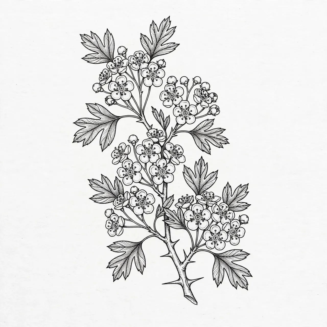 Detailed black ink line art of a hawthorn blossom branch on plain light paper