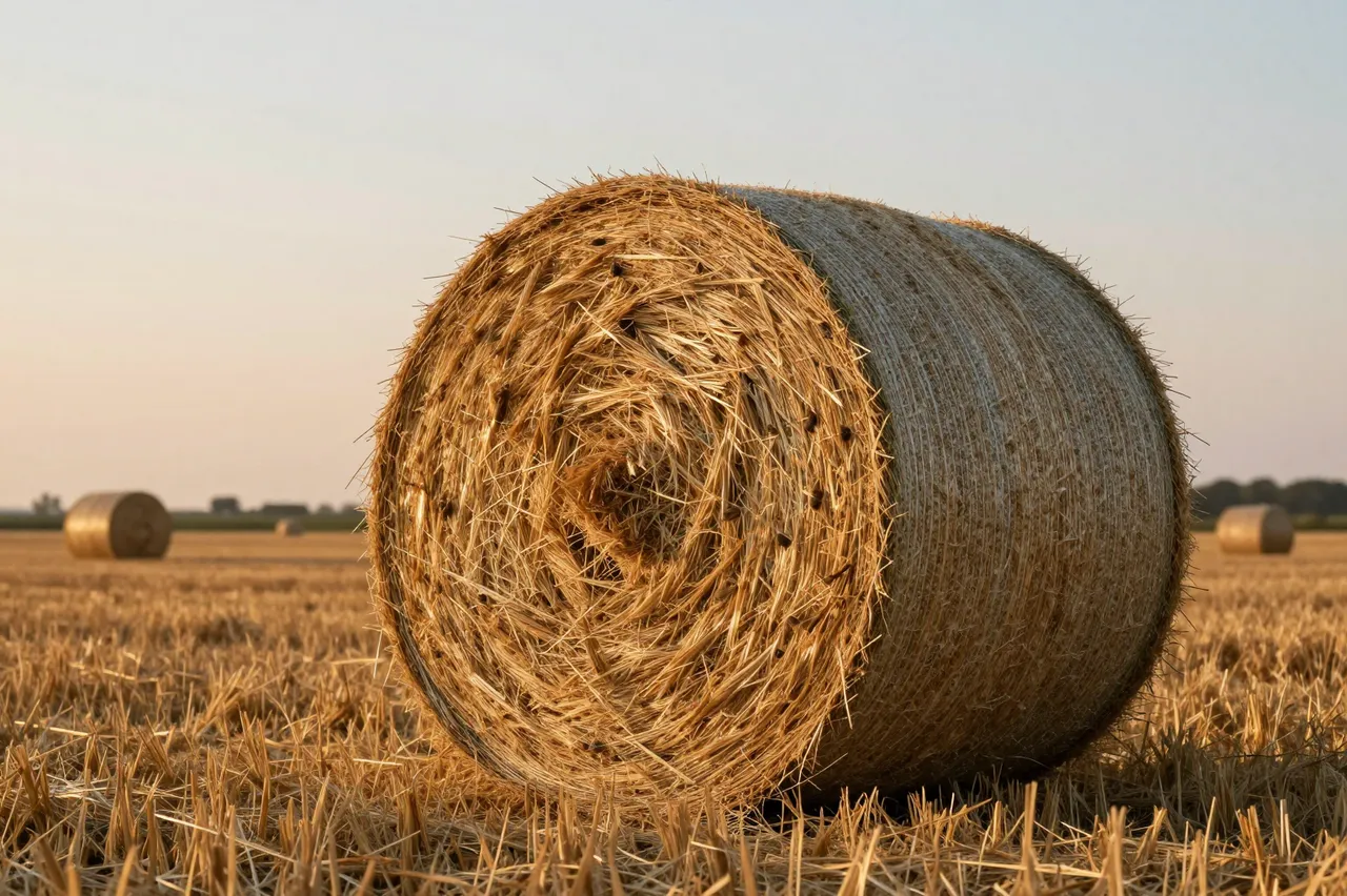 A close up round hay bale sits in a harvested field with distant bales under a soft sunset sky