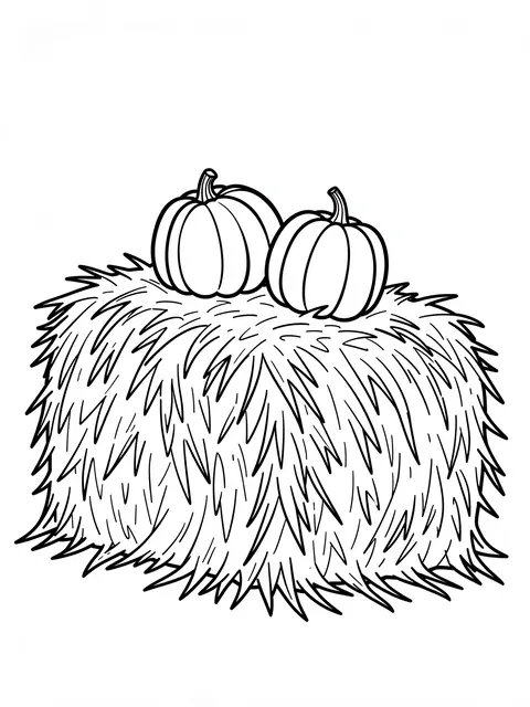 Black and white bold line art of a hay bale with two pumpkins resting on top for a coloring page