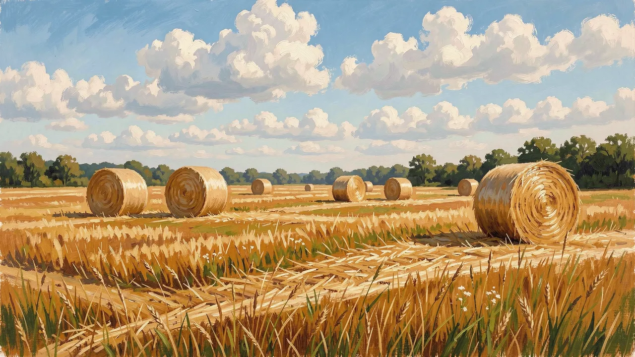 Plein air oil painting of a summer hayfield dotted with round straw bales under puffy cumulus clouds