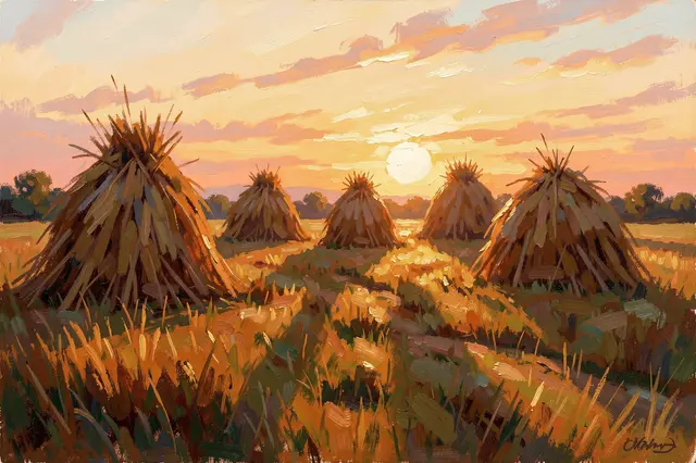 Impressionist oil painting of haystacks standing in a golden field under a warm sunset sky