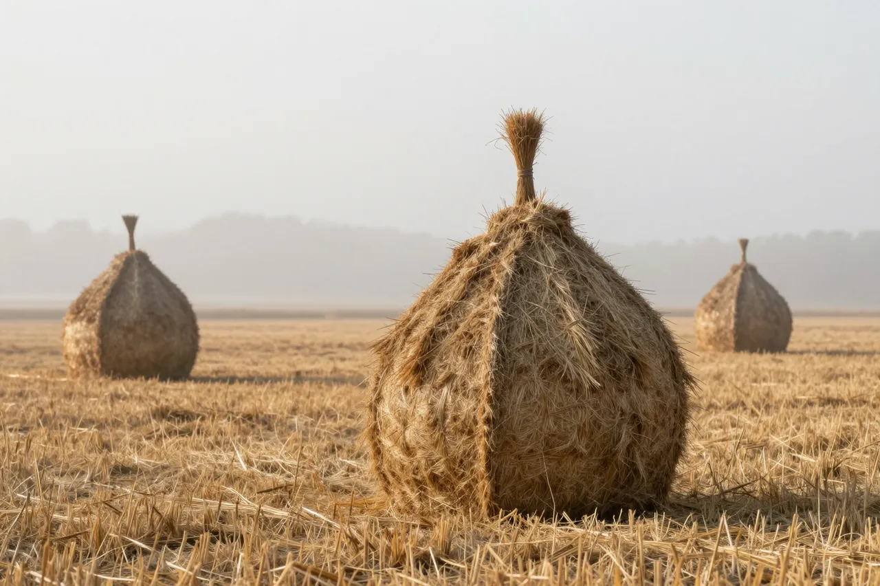 Traditional pointed haystacks stand in a misty harvested field at soft dawn