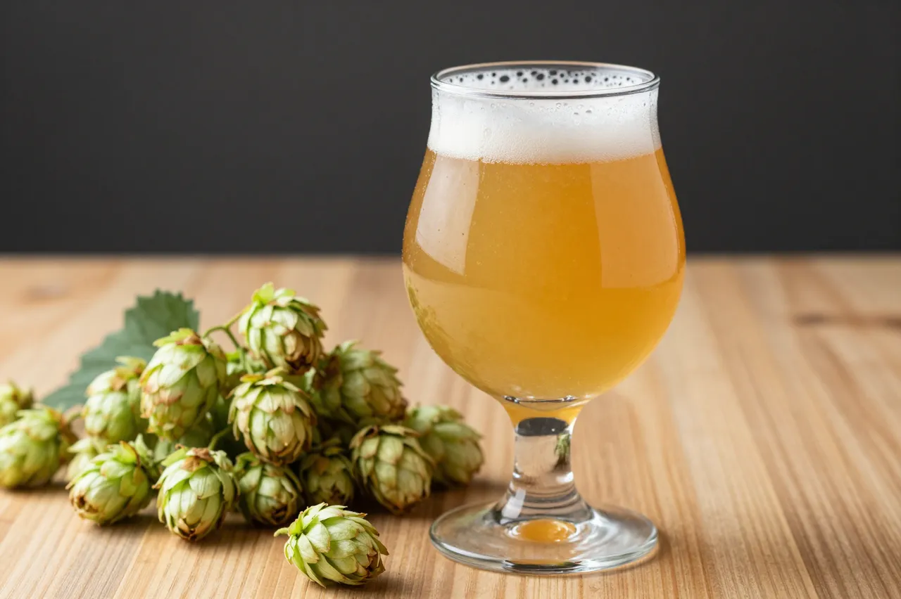 A stemmed glass of golden hazy IPA sits on a wooden table next to fresh green hop cones