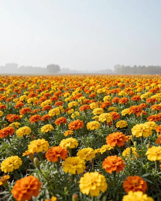 Low angle view of a dense field of orange and yellow marigolds under a soft hazy morning sky