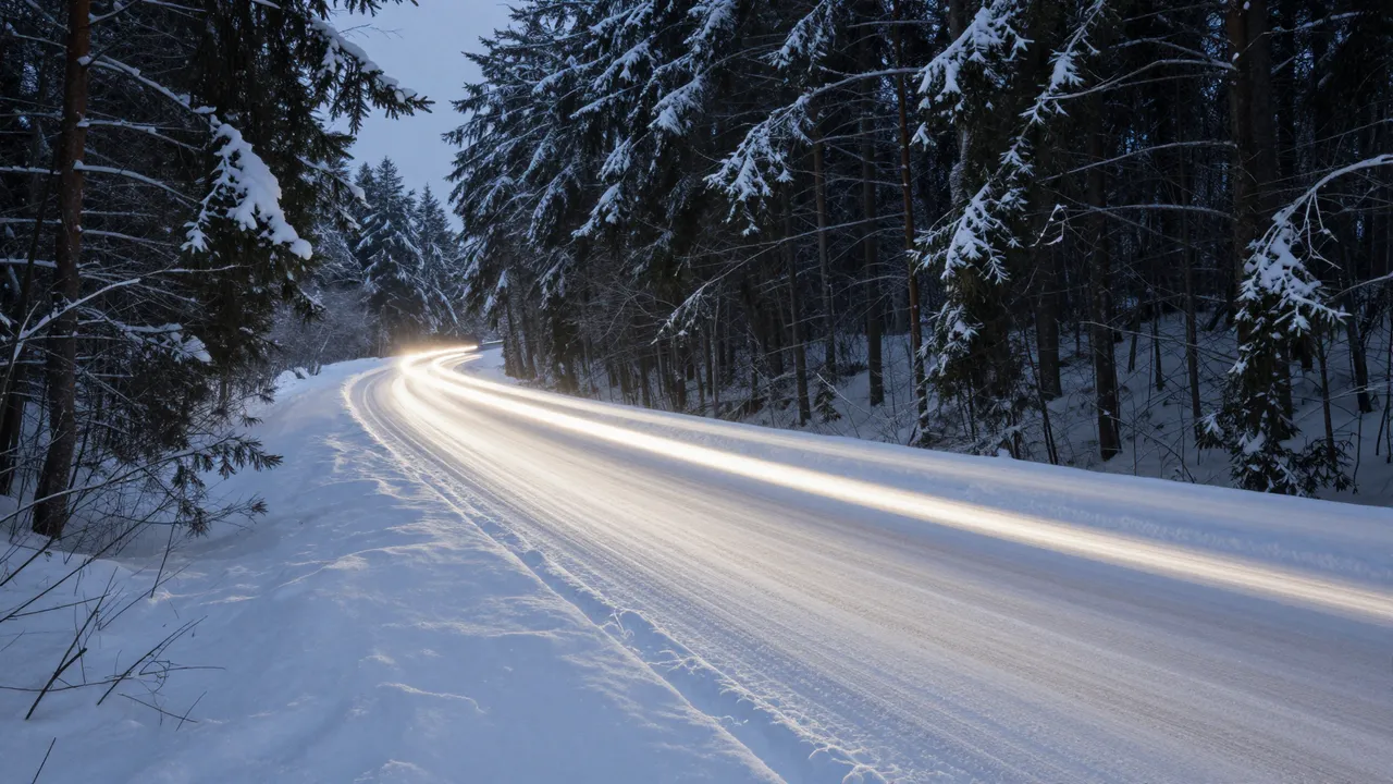 Long exposure headlight streaks curve along a snow-covered road through a dark snowy spruce forest at twilight