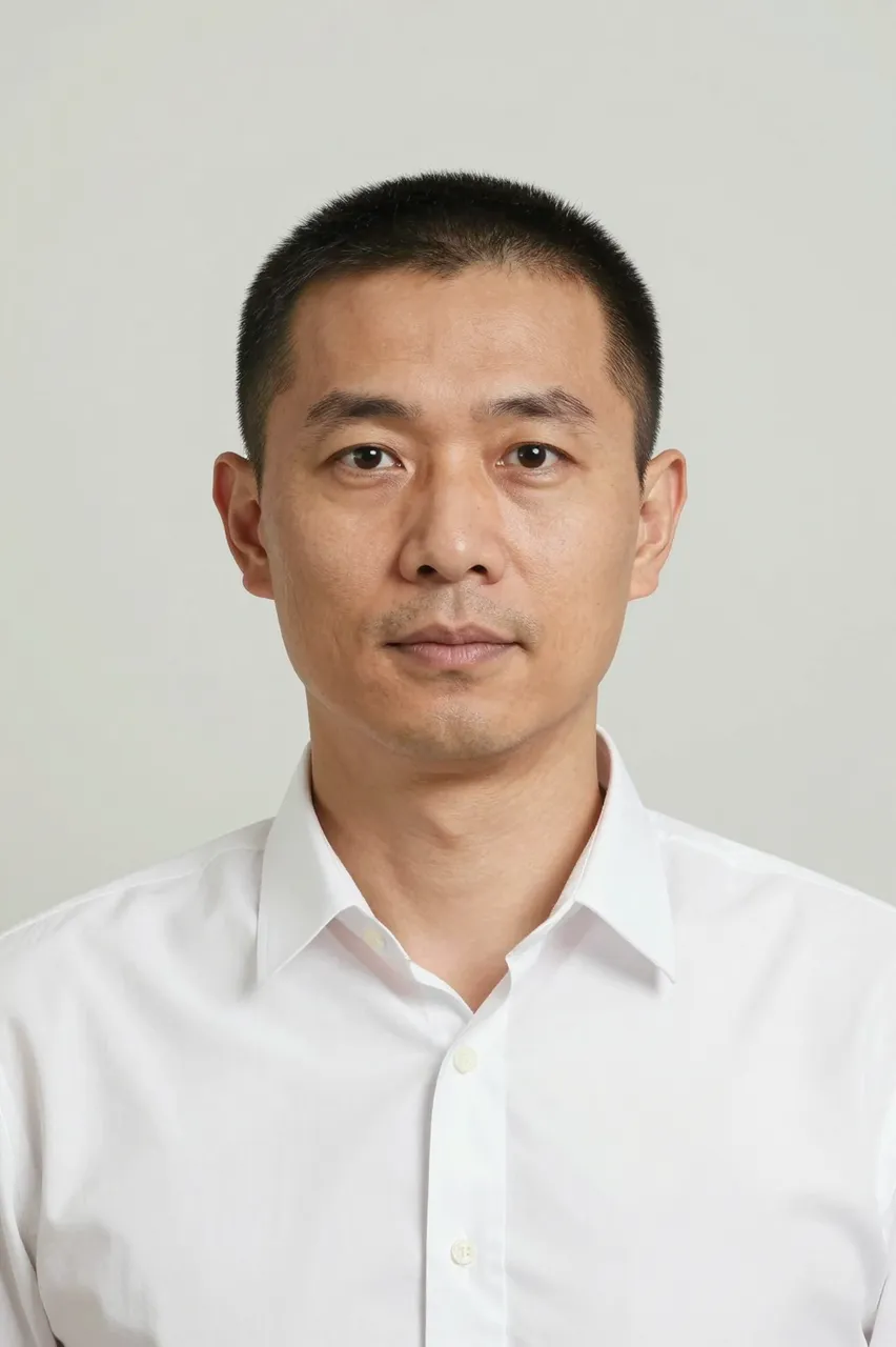 Studio portrait of a forties East Asian man in a white button-down shirt against a pale backdrop