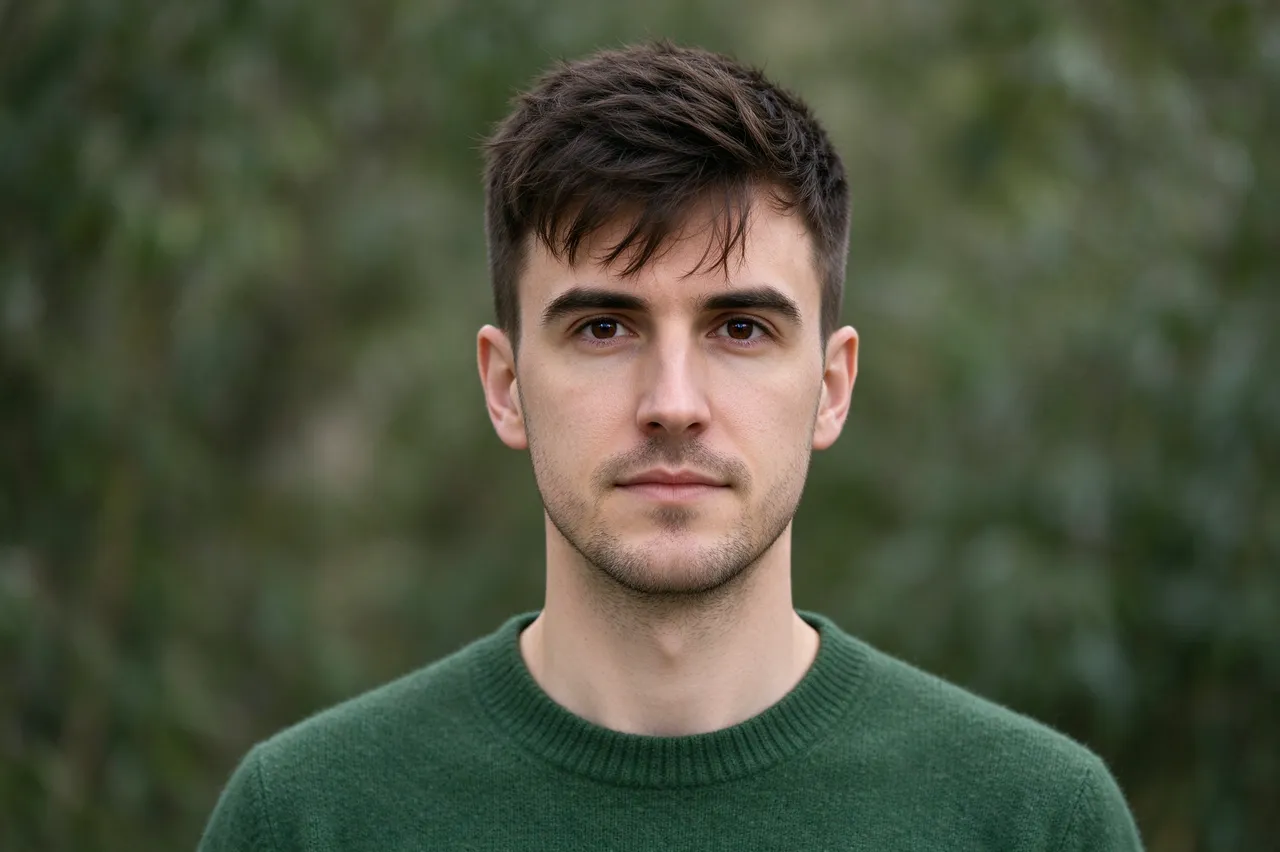 Head and shoulders portrait of a man in a green knit sweater looking at the camera against blurred foliage
