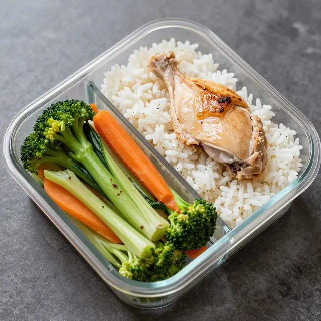 Top view of a divided glass lunch container holding cooked rice, chicken and fresh vegetables on a gray countertop