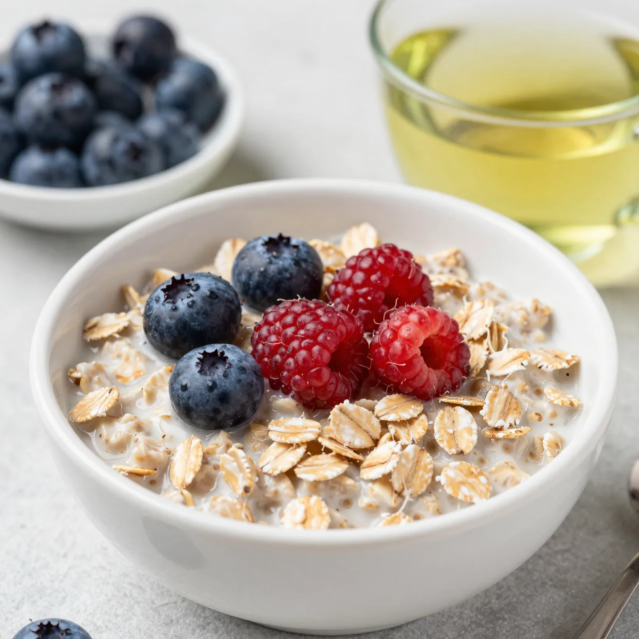 Creamy oatmeal topped with fresh berries sits alongside green tea and extra blueberries on a light countertop