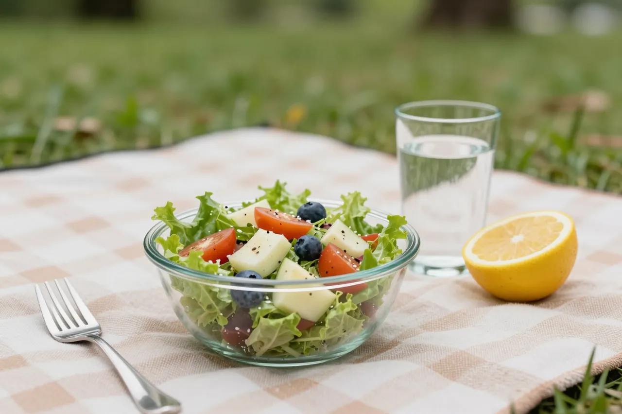 A fresh salad bowl, halved lemon, glass of water and fork rest on a checkered picnic blanket over park grass