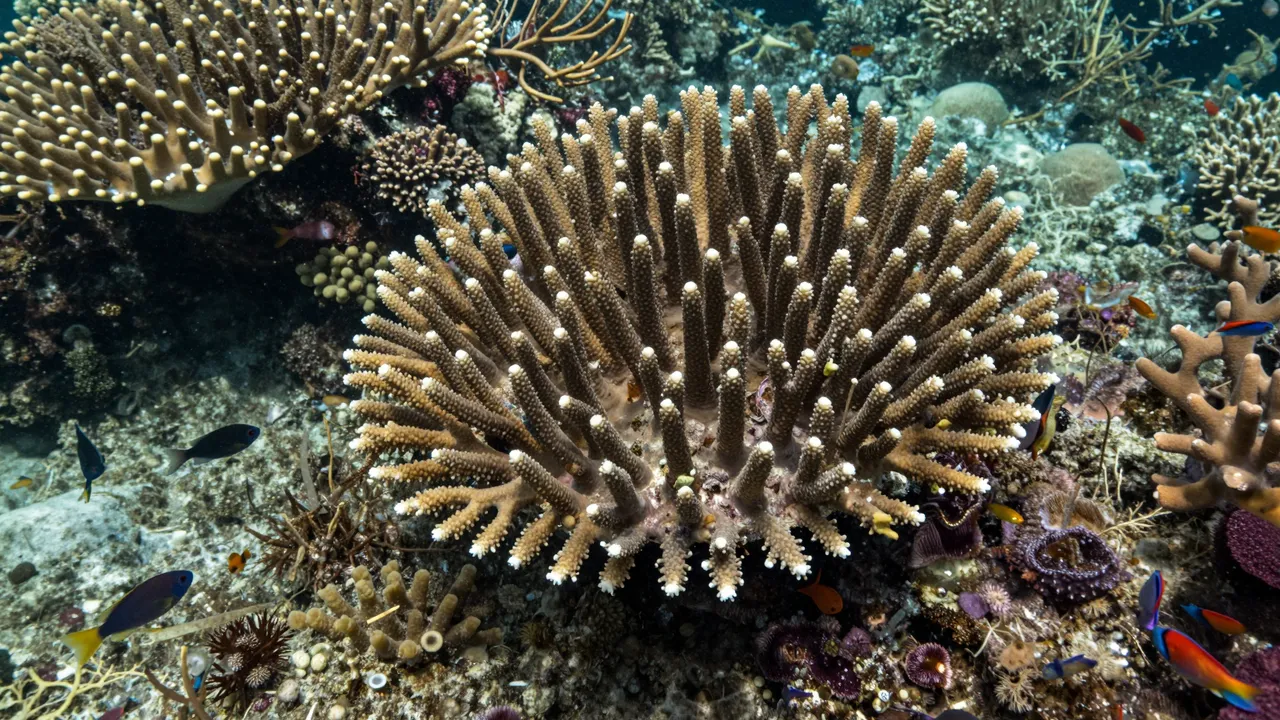 A vibrant underwater scene of branching table corals surrounded by small colorful reef fish on a living reef